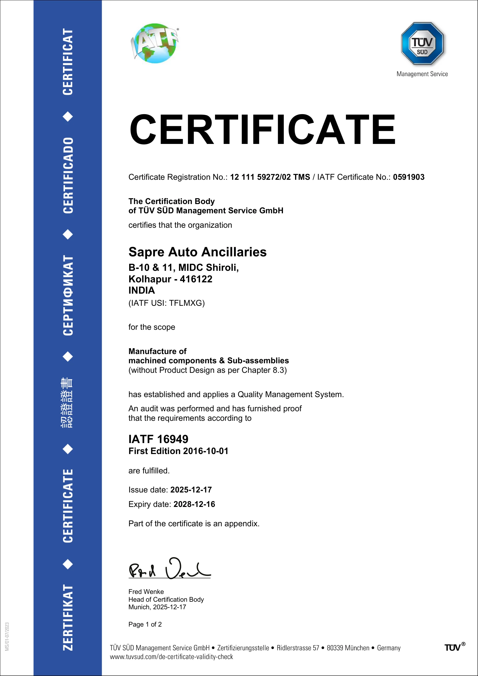 IATF 16949:2016 — Automotive Quality Management System certificate