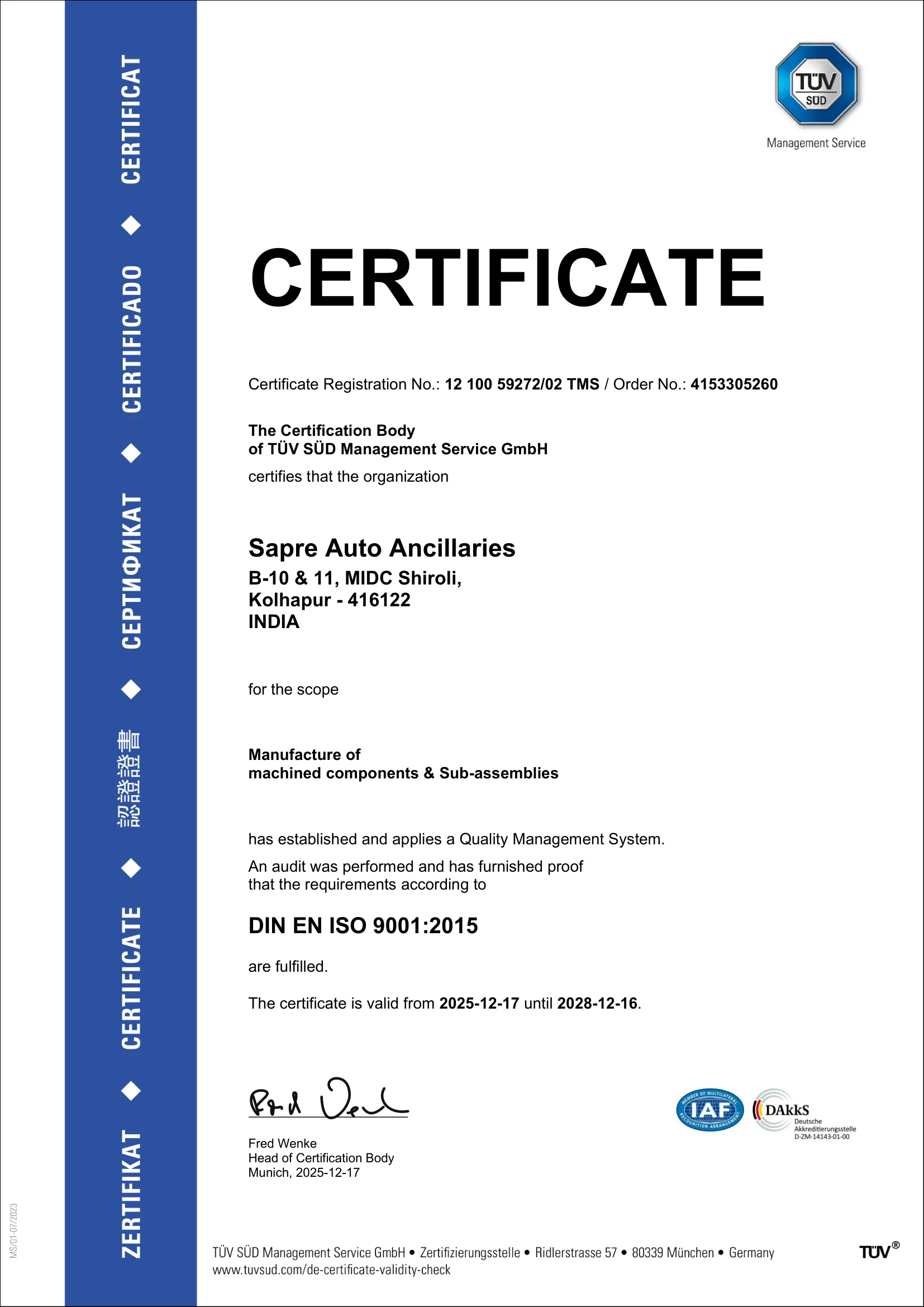 ISO 9001:2015 — Quality Management System certificate
