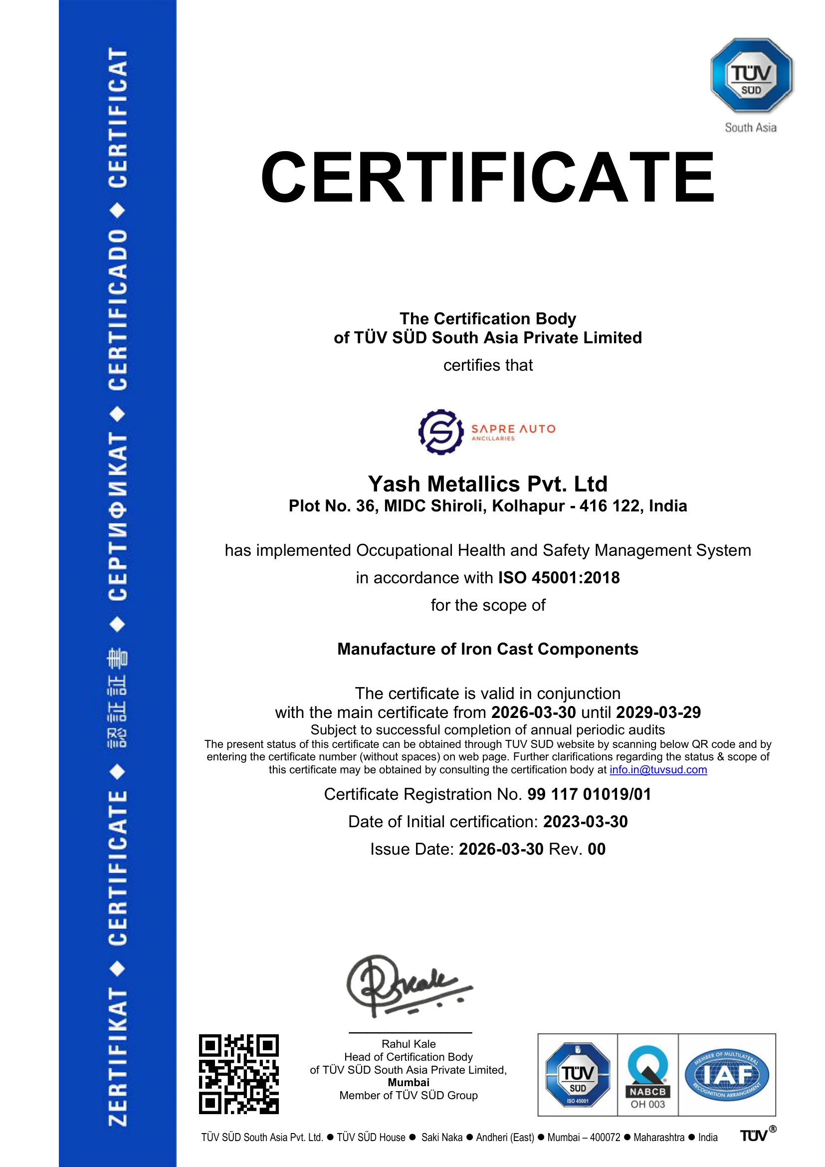 ISO 45001:2018 — Occupational Health & Safety Management System certificate