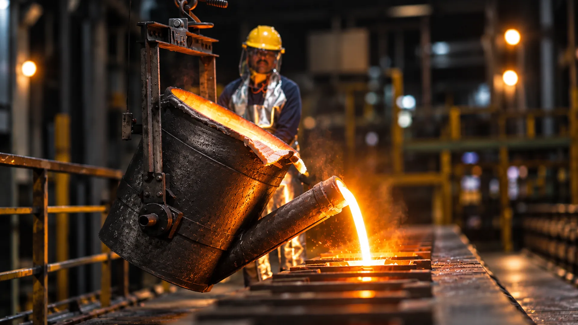 Foundry operator pouring molten metal from a ladle into moulds at Yash Group