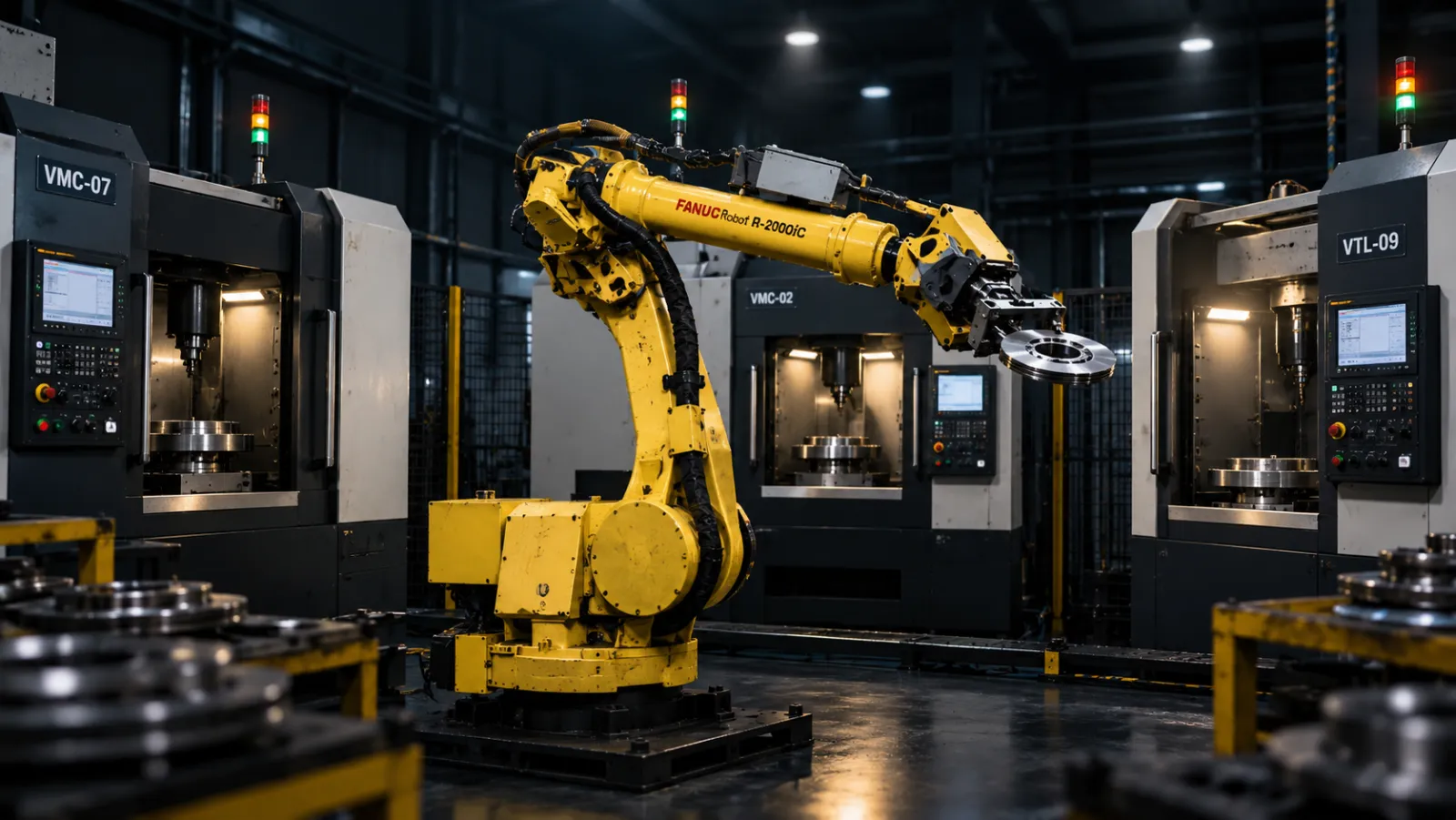 FANUC robot tending CNC machines at Sapre Auto Ancillaries